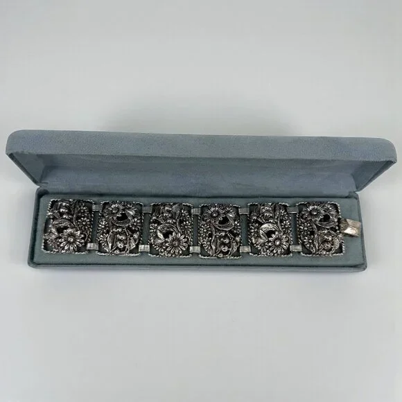 Vintage Sarah Coventry Floral SilverTone Panel Bracelet Antique Garden Sunflower - Picture 4 of 13